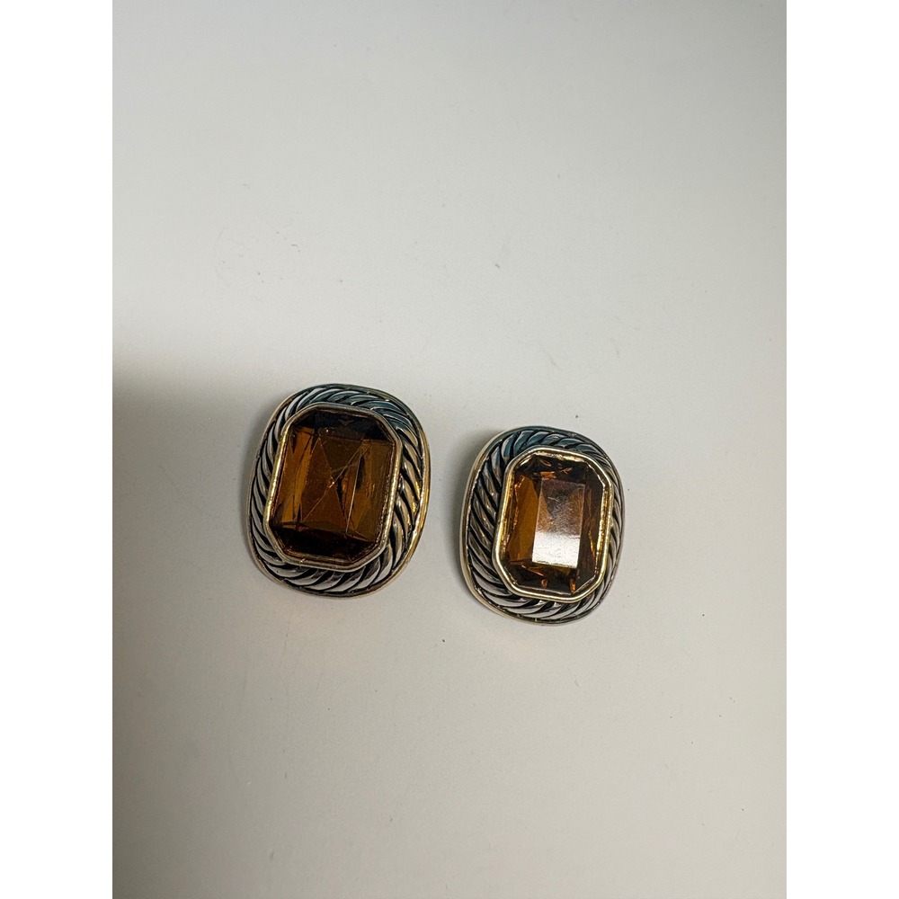 Vintage Two Tone Cable Rope Border Amber Glass Emerald Cut‎ Clip On Earrings